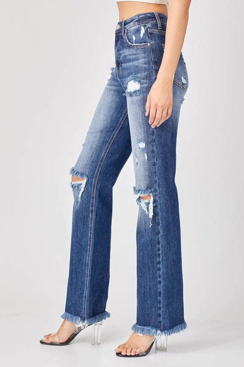 Risen Full Size Raw Hem Distressed Straight Jeans for Women - Love Salve